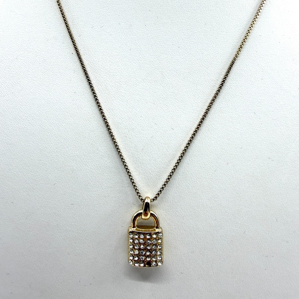 Gold Tone Rhinestone Padlock Pendant Necklace Dainty Chain Layering Statement